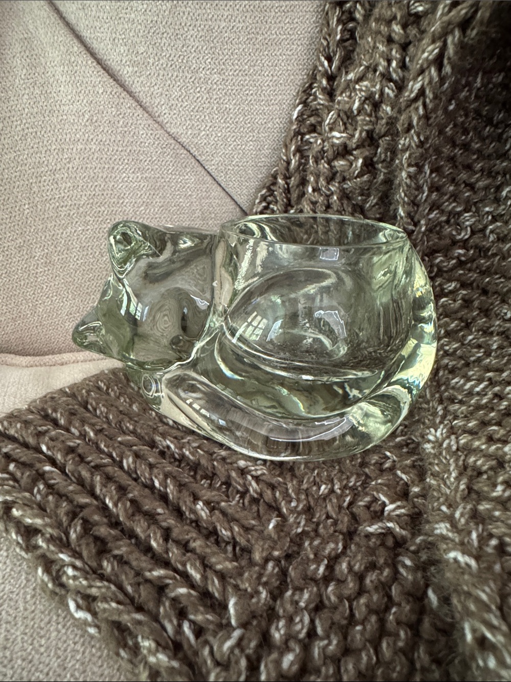 1980 Avon Crystal Glass Sleeping Cat Candle Holder Votive Tea Light